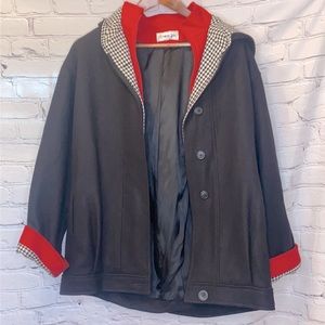 Herman Kay Red Black White Houndstooth Wool Hooded Coat Size 6